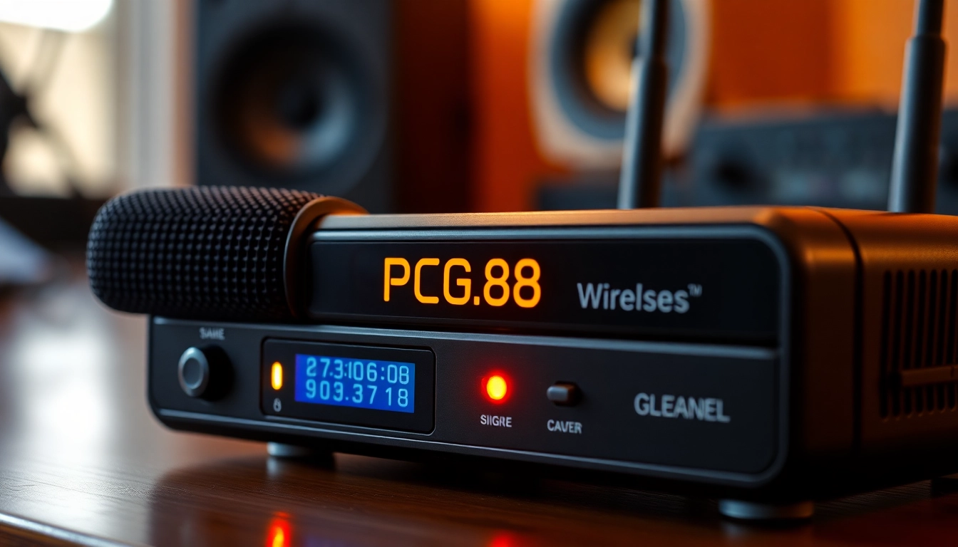 Modern PG88 wireless microphone receiver with signal LEDs, professional audio equipment, studio setting for live performance or broadcasting.