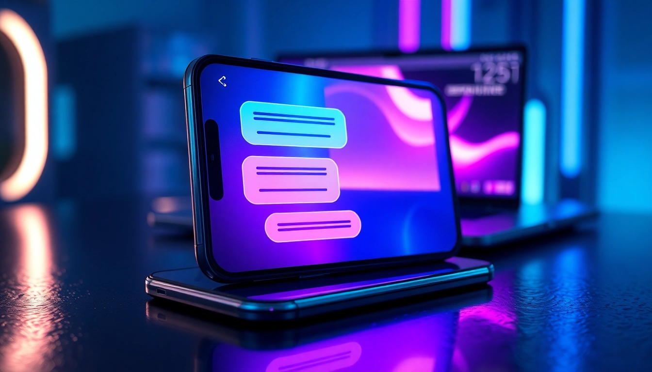 A close-up of a smartphone and computer displaying a vibrant, glowing AI chat interface with neon accents.