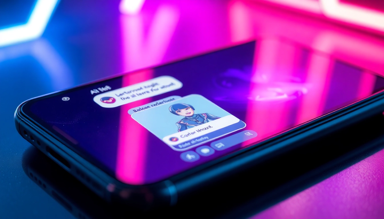 Futuristic AI chatbot interface on a modern device with neon lighting and customizable character avatar