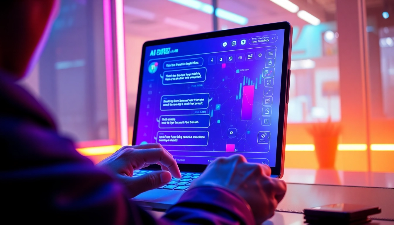 A person interacting with a futuristic AI chatbot interface on a high-tech screen in a modern workspace.
