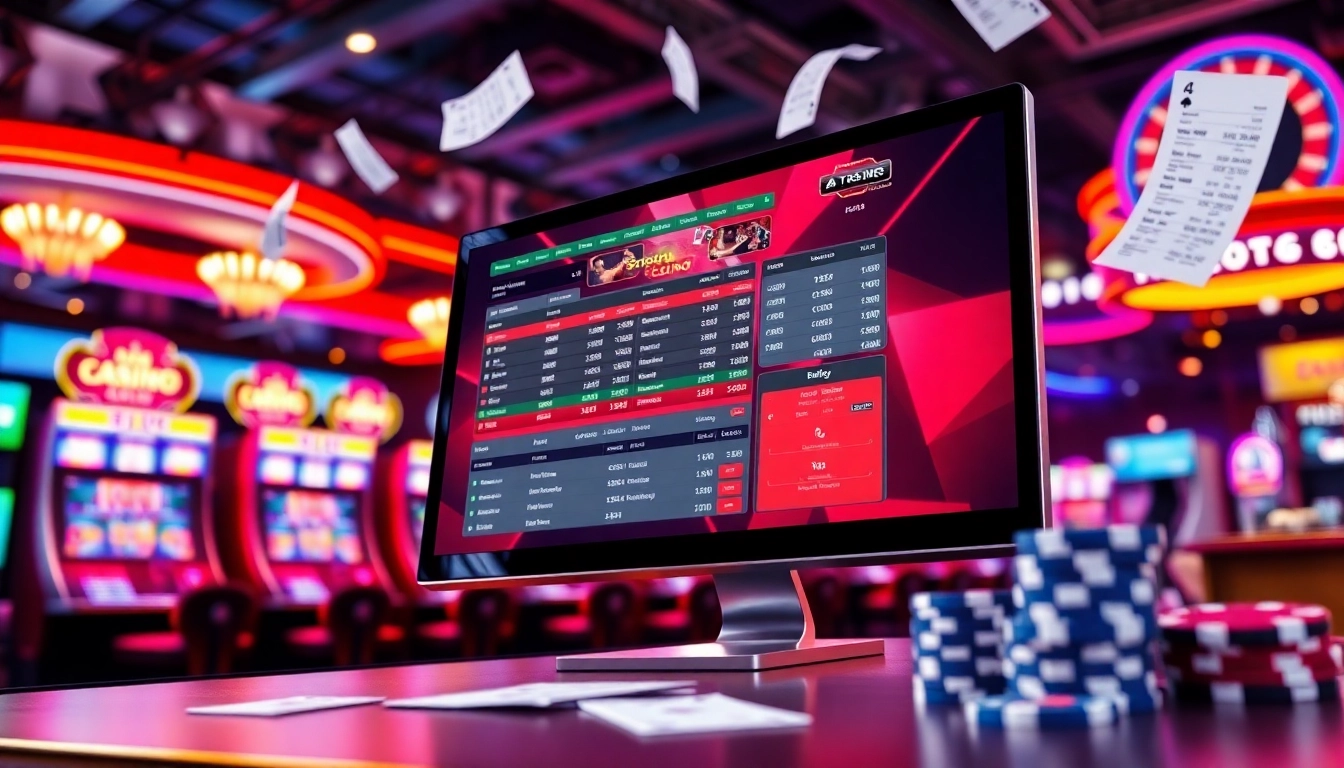 Online sportsbook and casino platform interface with vibrant casino background and digital betting elements.