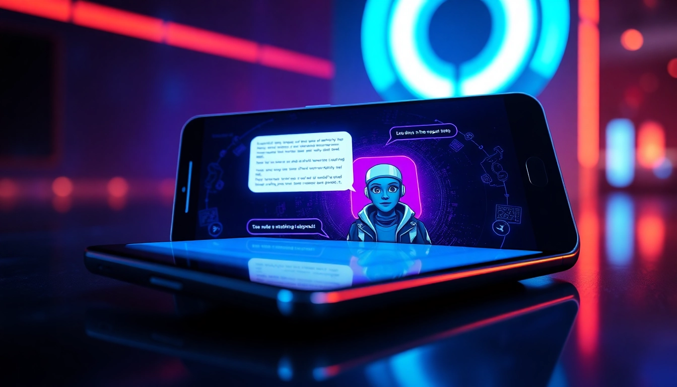 Futuristic AI chat interface on a sleek device screen with glowing neon accents and expressive character graphics.