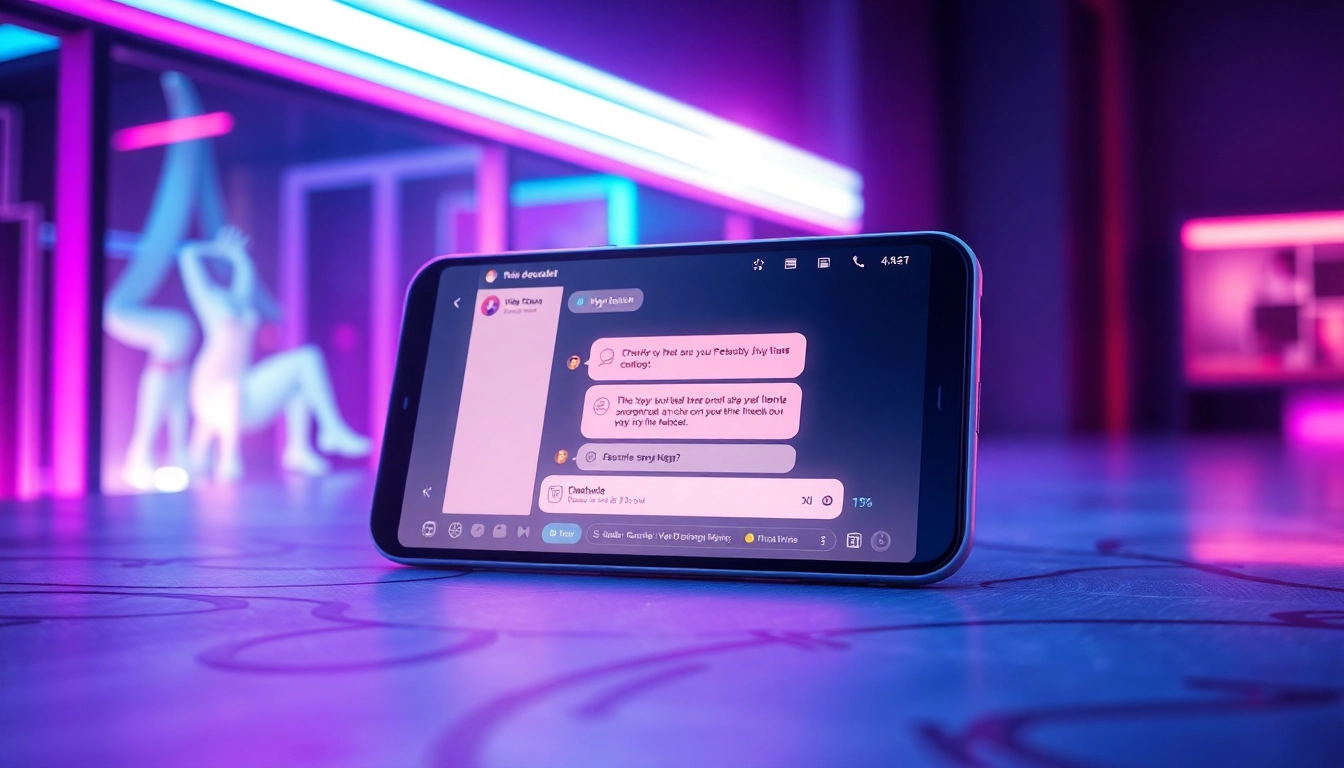Futuristic AI chatbot interface on a modern device with neon lighting and digital elements.