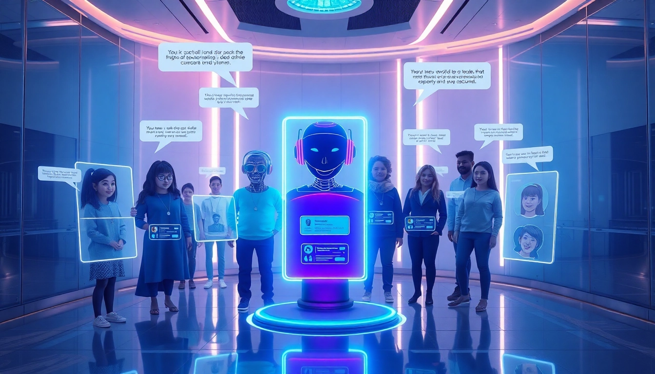 Futuristic digital environment with AI characters and holographic chat interfaces