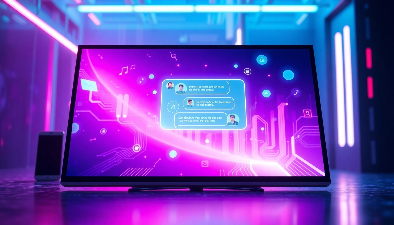 Futuristic AI chatbot interface with glowing holograms and neon accents in a high-tech environment.