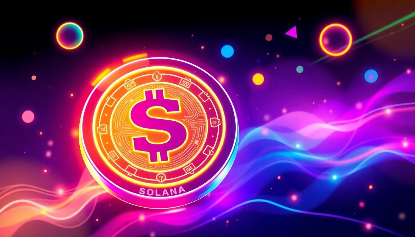 Engaging visual of a Solana Meme Coin in a lively crypto community setting with vibrant neon