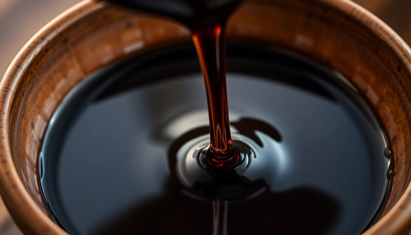High-quality dark soy sauce in a traditional bottle with pouring action, highlighting rich